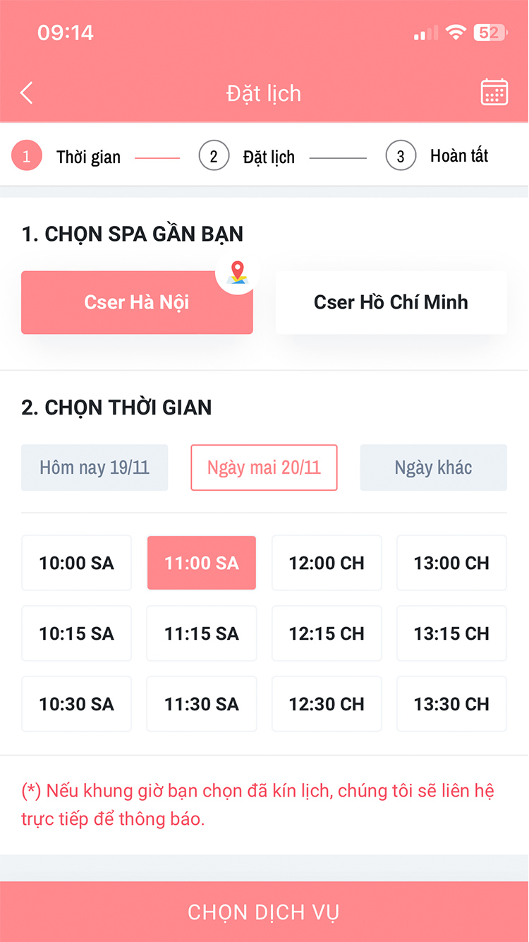 Chọn cơ sở - Ngày giờ