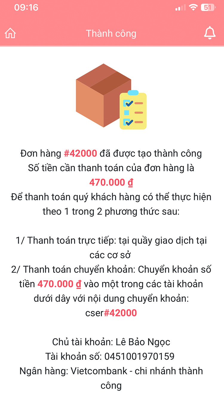 Đặt hàng thành công